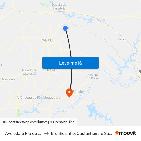 Aveleda e Rio de Onor to Brunhozinho, Castanheira e Sanhoane map