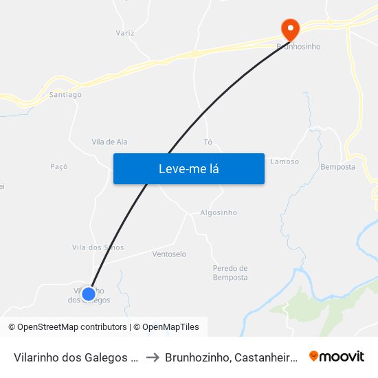 Vilarinho dos Galegos e Ventozelo to Brunhozinho, Castanheira e Sanhoane map