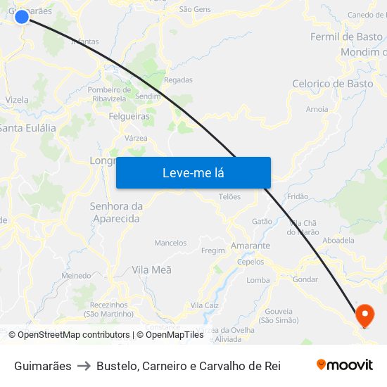 Guimarães to Bustelo, Carneiro e Carvalho de Rei map