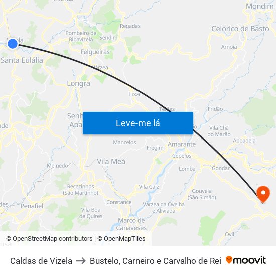 Caldas de Vizela to Bustelo, Carneiro e Carvalho de Rei map