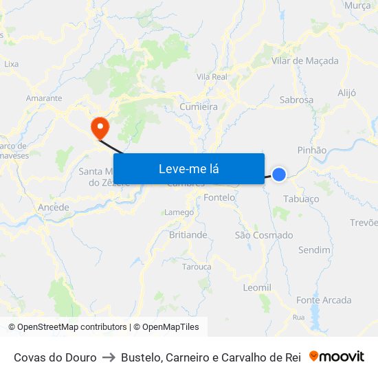 Covas do Douro to Bustelo, Carneiro e Carvalho de Rei map