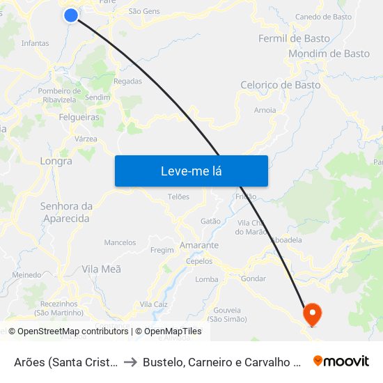 Arões (Santa Cristina) to Bustelo, Carneiro e Carvalho de Rei map
