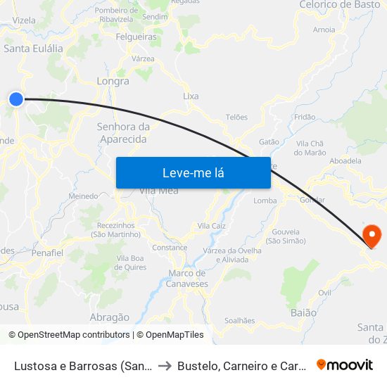 Lustosa e Barrosas (Santo Estêvão) to Bustelo, Carneiro e Carvalho de Rei map