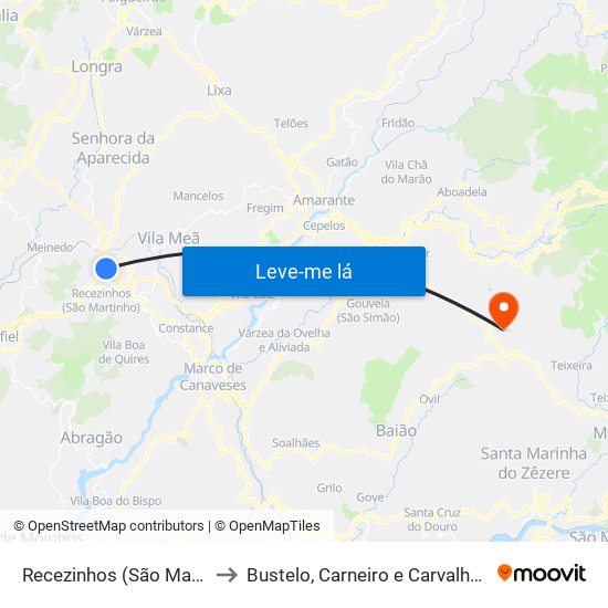 Recezinhos (São Mamede) to Bustelo, Carneiro e Carvalho de Rei map