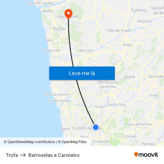 Trofa to Barroselas e Carvoeiro map