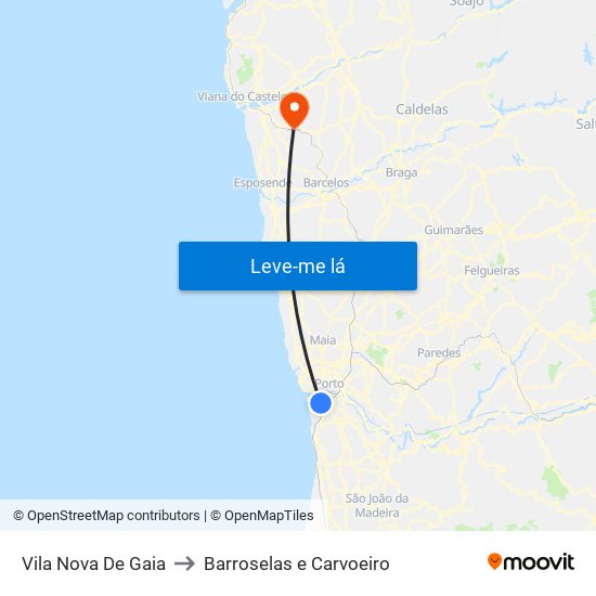 Vila Nova De Gaia to Barroselas e Carvoeiro map