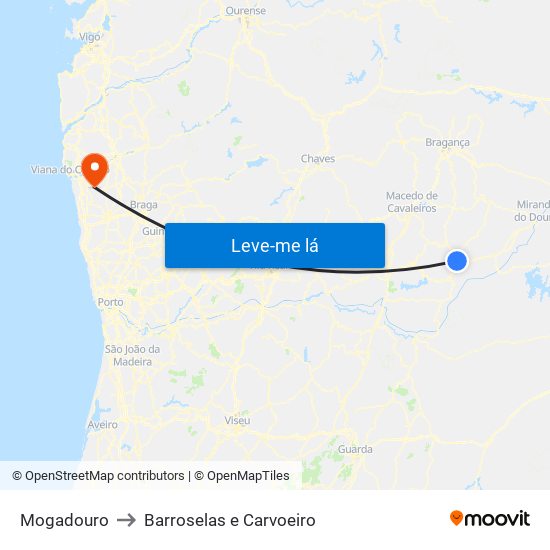 Mogadouro to Barroselas e Carvoeiro map