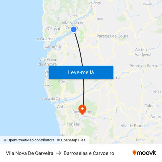 Vila Nova De Cerveira to Barroselas e Carvoeiro map