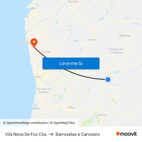 Vila Nova De Foz Côa to Barroselas e Carvoeiro map