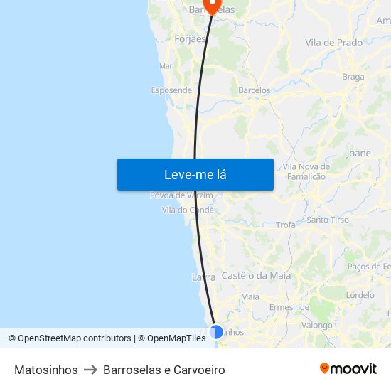 Matosinhos to Barroselas e Carvoeiro map