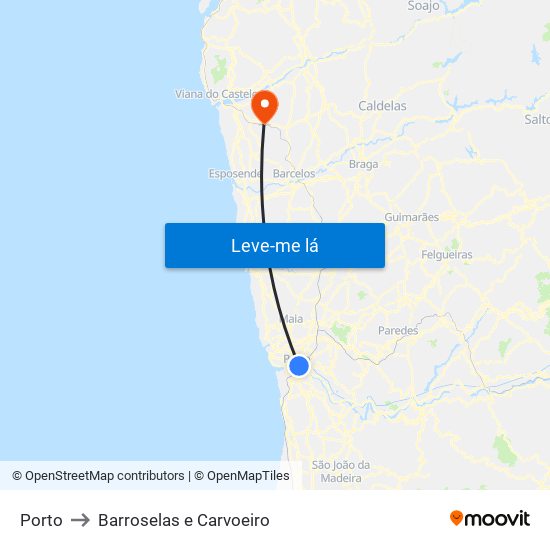 Porto to Barroselas e Carvoeiro map