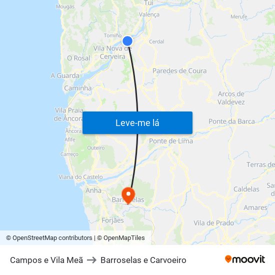 Campos e Vila Meã to Barroselas e Carvoeiro map