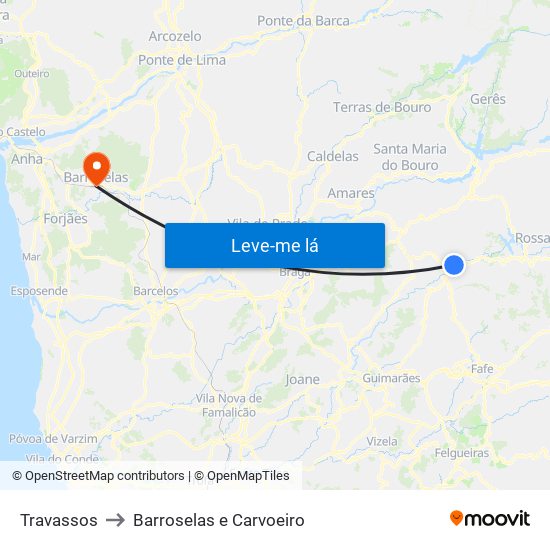 Travassos to Barroselas e Carvoeiro map