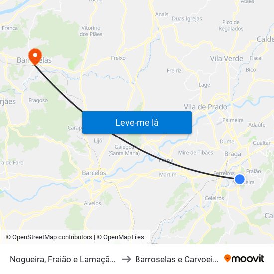 Nogueira, Fraião e Lamaçães to Barroselas e Carvoeiro map