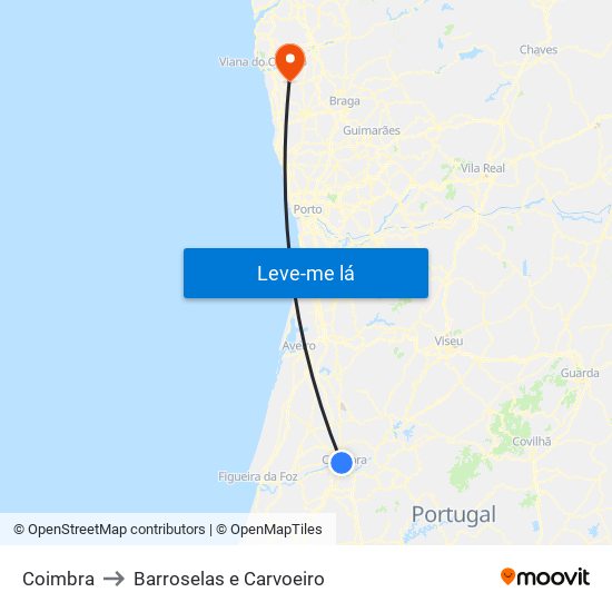 Coimbra to Barroselas e Carvoeiro map