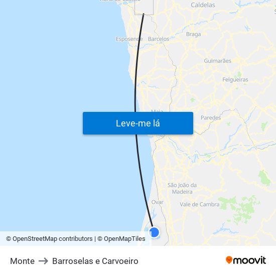 Monte to Barroselas e Carvoeiro map