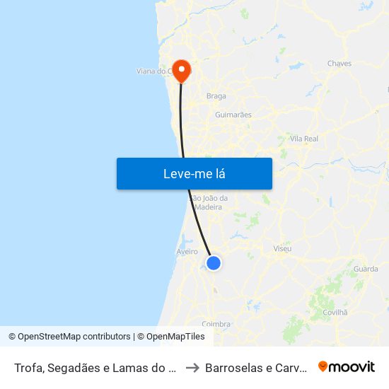 Trofa, Segadães e Lamas do Vouga to Barroselas e Carvoeiro map