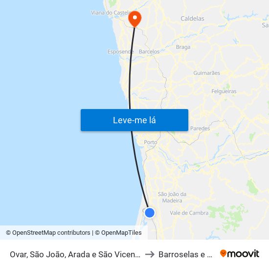 Ovar, São João, Arada e São Vicente de Pereira Jusã to Barroselas e Carvoeiro map