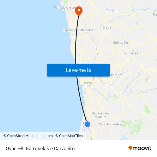 Ovar to Barroselas e Carvoeiro map