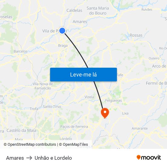 Amares to Unhão e Lordelo map