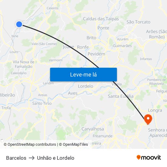 Barcelos to Unhão e Lordelo map