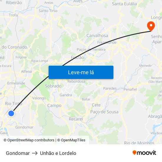 Gondomar to Unhão e Lordelo map