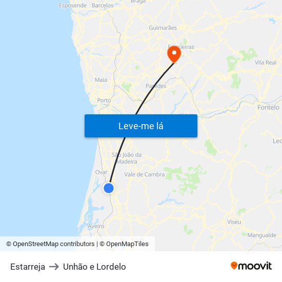 Estarreja to Unhão e Lordelo map