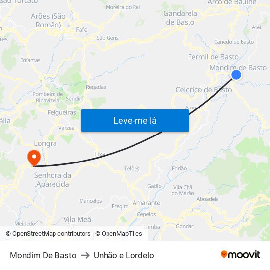 Mondim De Basto to Unhão e Lordelo map