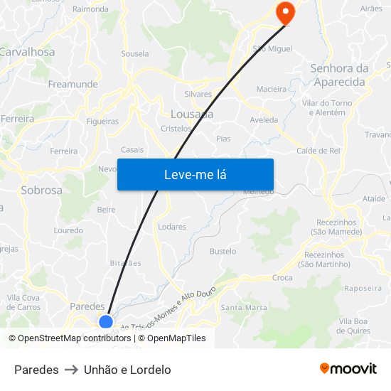 Paredes to Unhão e Lordelo map