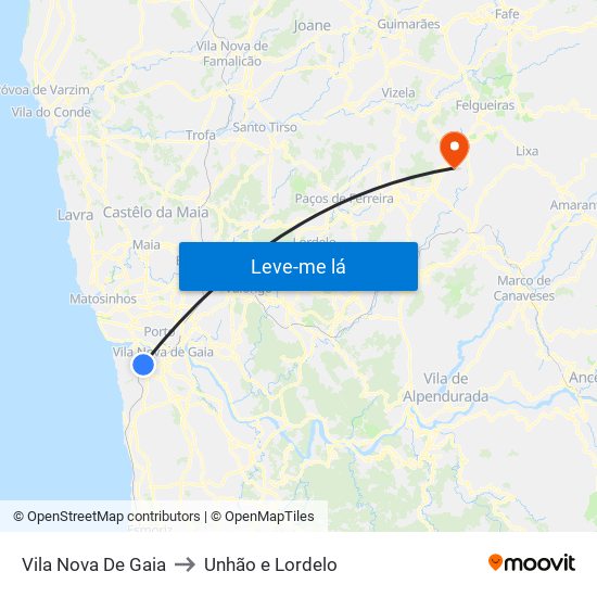 Vila Nova De Gaia to Unhão e Lordelo map