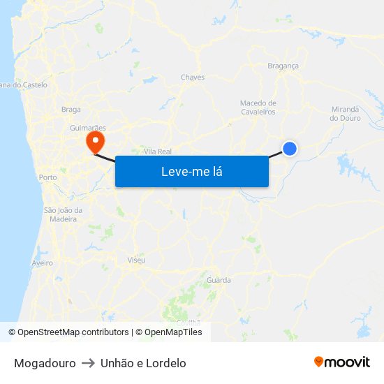 Mogadouro to Unhão e Lordelo map