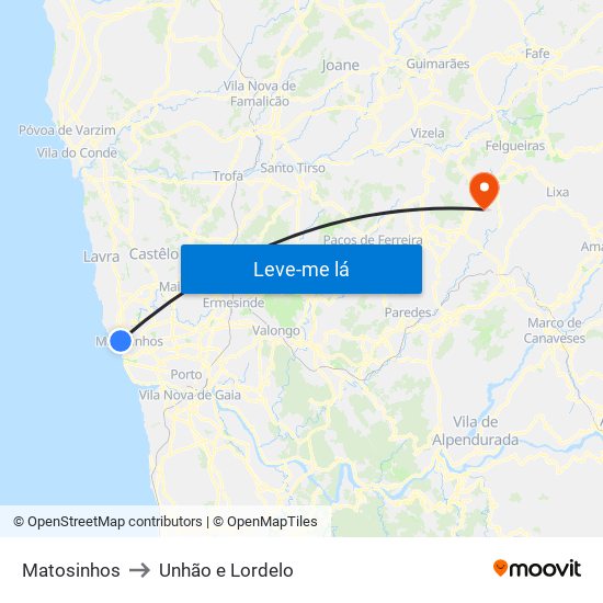 Matosinhos to Unhão e Lordelo map