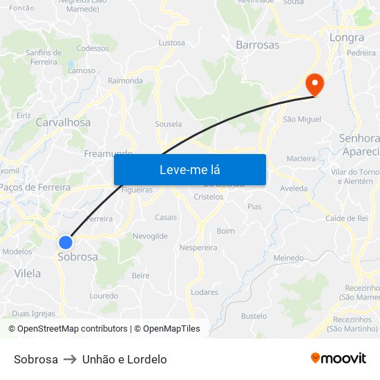 Sobrosa to Unhão e Lordelo map