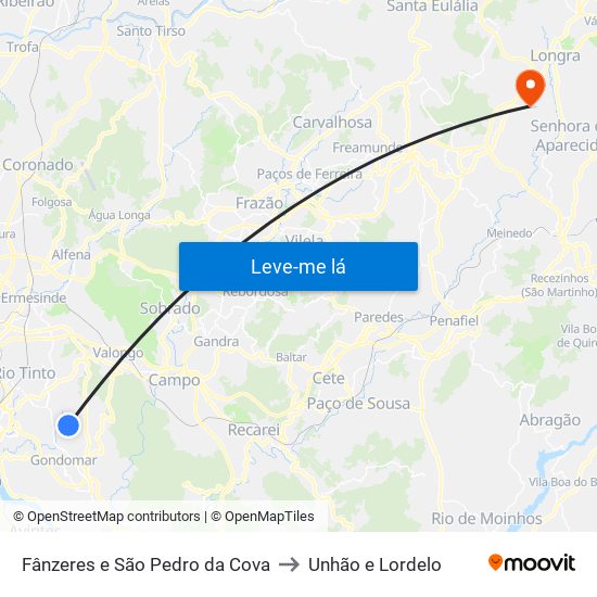 Fânzeres e São Pedro da Cova to Unhão e Lordelo map