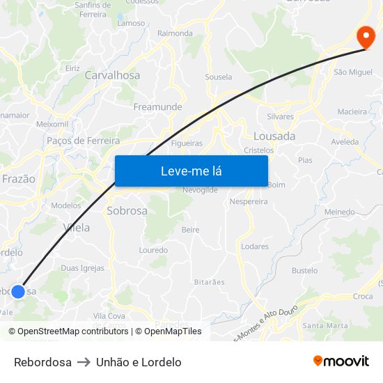 Rebordosa to Unhão e Lordelo map