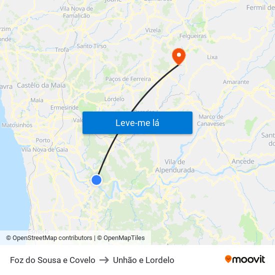 Foz do Sousa e Covelo to Unhão e Lordelo map