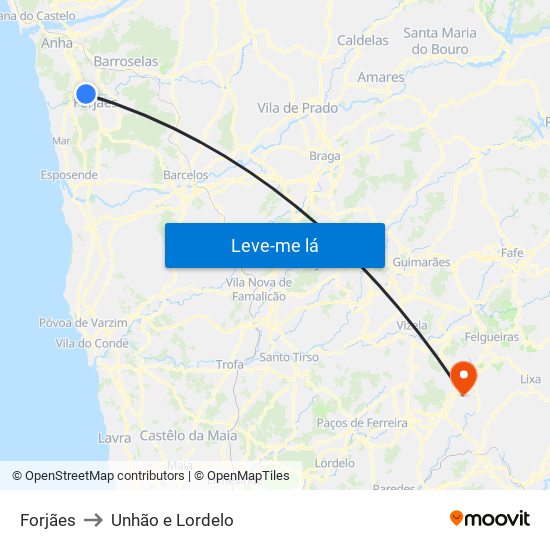 Forjães to Unhão e Lordelo map