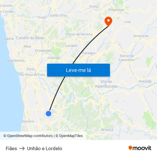 Fiães to Unhão e Lordelo map