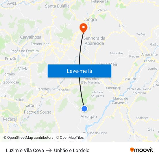 Luzim e Vila Cova to Unhão e Lordelo map