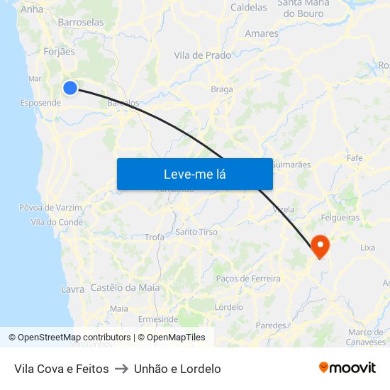 Vila Cova e Feitos to Unhão e Lordelo map