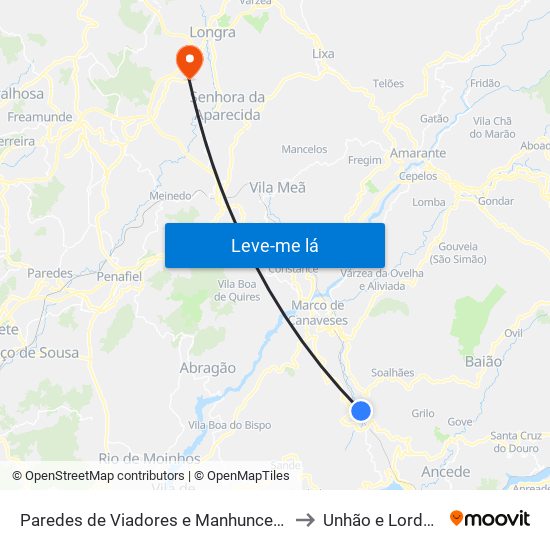 Paredes de Viadores e Manhuncelos to Unhão e Lordelo map