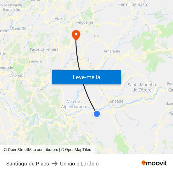 Santiago de Piães to Unhão e Lordelo map