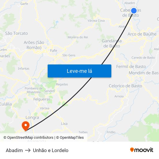 Abadim to Unhão e Lordelo map