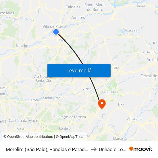 Merelim (São Paio), Panoias e Parada de Tibães to Unhão e Lordelo map