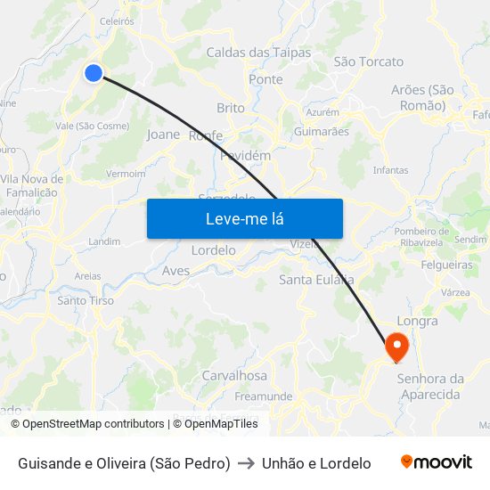 Guisande e Oliveira (São Pedro) to Unhão e Lordelo map