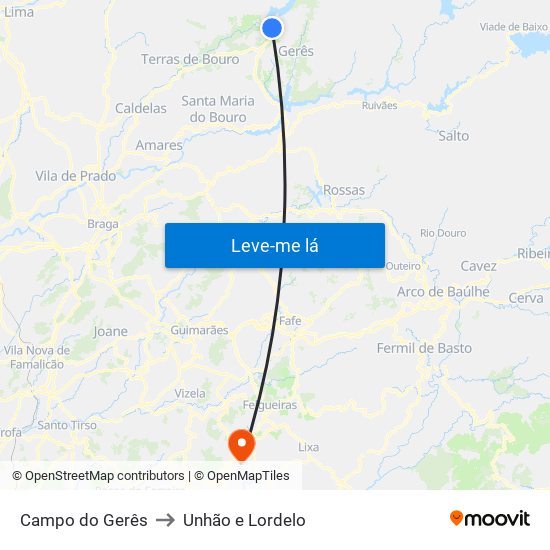 Campo do Gerês to Unhão e Lordelo map