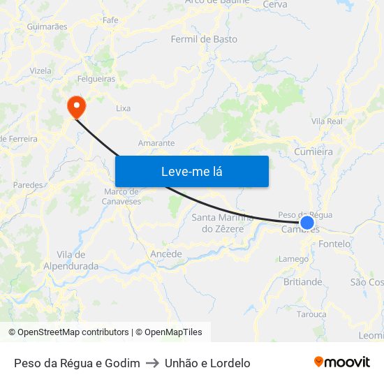 Peso da Régua e Godim to Unhão e Lordelo map