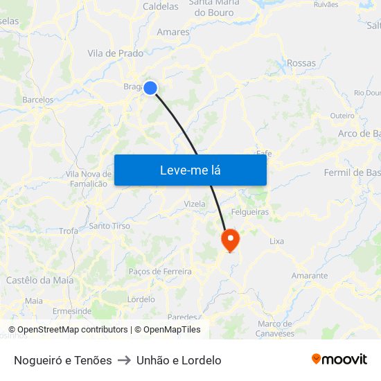 Nogueiró e Tenões to Unhão e Lordelo map