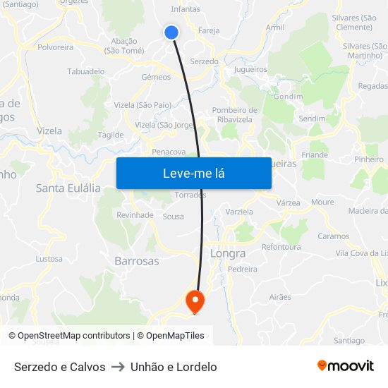 Serzedo e Calvos to Unhão e Lordelo map
