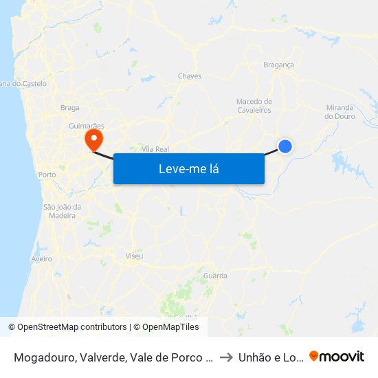 Mogadouro, Valverde, Vale de Porco e Vilar de Rei to Unhão e Lordelo map